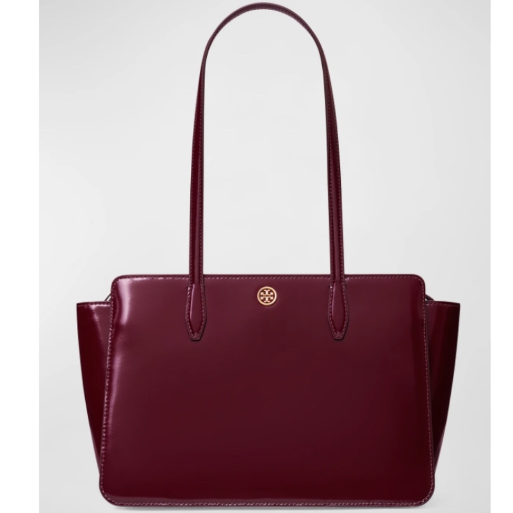 NWT $448 Tory Burch Robinson Small Shiny Leather Tote Bag in Beetle Berry!